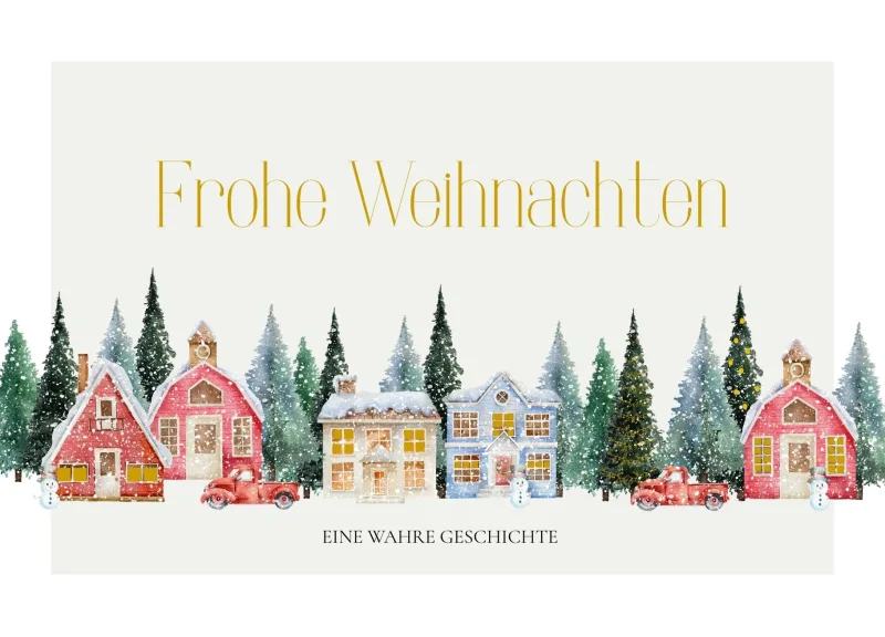 Frohe Weihnachten eine Wahre Geschichte zu Weihnachten über ein verlorenes Schaf, Häuser weihnachtlich geschmückt mit Goldfolienprägung und Schnee