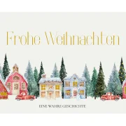 Frohe Weihnachten eine Wahre Geschichte zu Weihnachten über ein verlorenes Schaf, Häuser weihnachtlich geschmückt mit Goldfolienprägung und Schnee